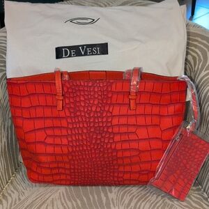 De Vesi Large Red Crocodile Embossed Vegan Leather Tote NWT